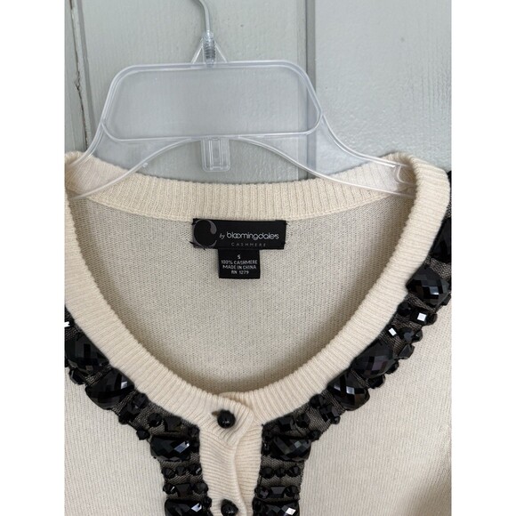C by Bloomingdales Sweater Cardigan S 100% Cashmere Ivory Black Rhinestones - Picture 2 of 5